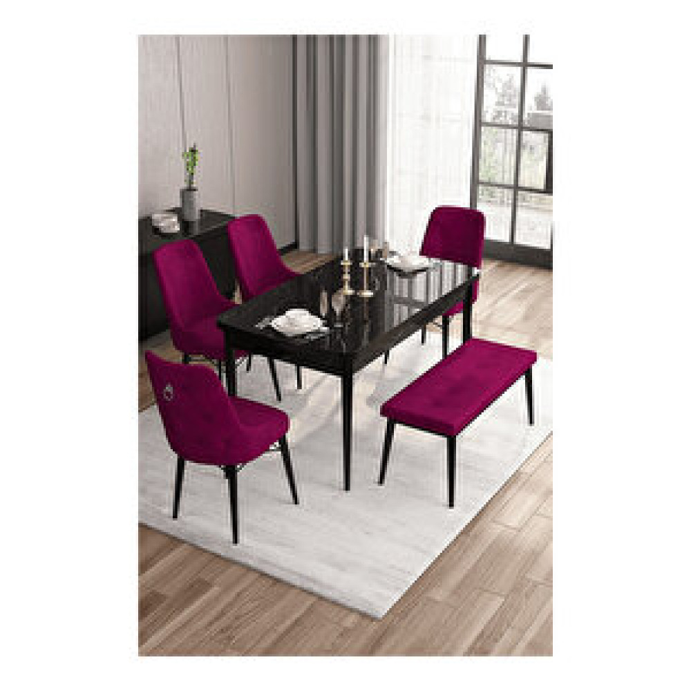 Canisa Are Serisi, 80x132 Mdf Açılabilir Siyah Mermer Desen Masa Takımı, 4 Sandalye Gümüş Halkalı Ve 1 Bench Mürdüm Masa - Sandalye Seti / Takımı Fiyatı