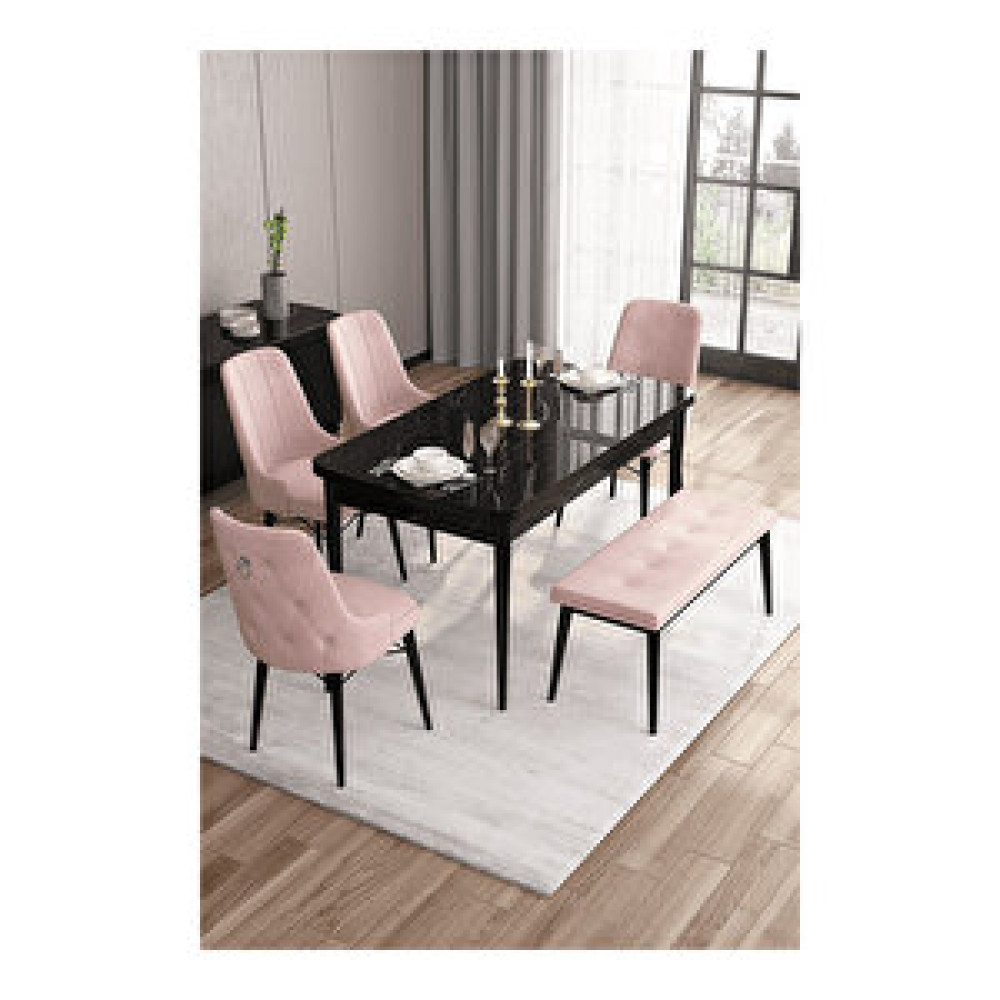Canisa Are Serisi, 80x132 Mdf Açılabilir Siyah Mermer Desen Masa Takımı, 4 Sandalye Gümüş Halkalı Ve 1 Bench Pembe Masa - Sandalye Seti / Takımı Fiyatı