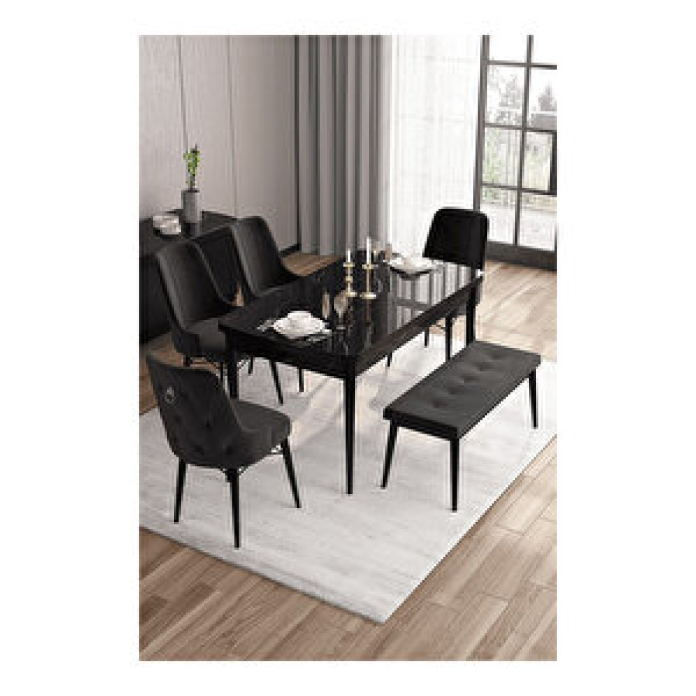 Canisa Are Serisi, 80x132 Mdf Açılabilir Siyah Mermer Desen Masa Takımı, 4 Sandalye Gümüş Halkalı Ve 1 Bench Siyah Masa - Sandalye Seti / Takımı Fiyatı
