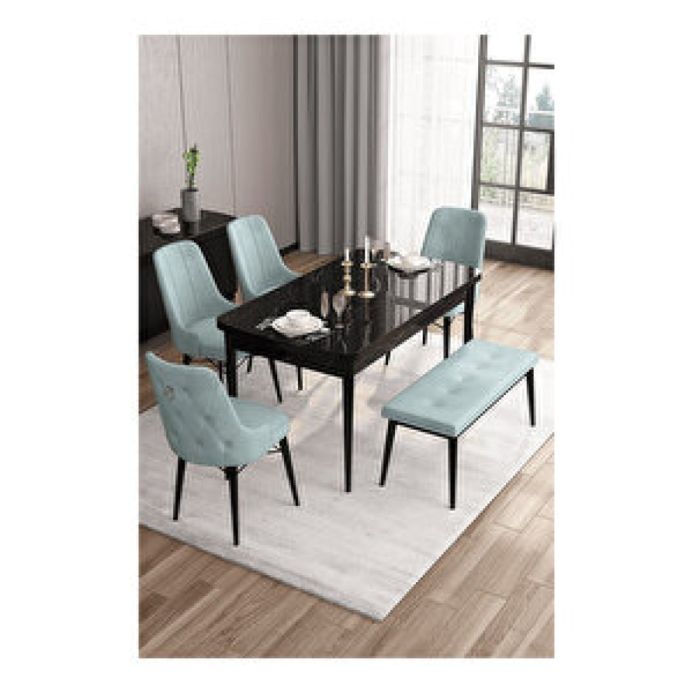 Canisa Are Serisi, 80x132 Mdf Açılabilir Siyah Mermer Desen Masa Takımı, 4 Sandalye Gümüş Halkalı Ve 1 Bench Su Yeşili Masa - Sandalye Seti / Takımı Fiyatı