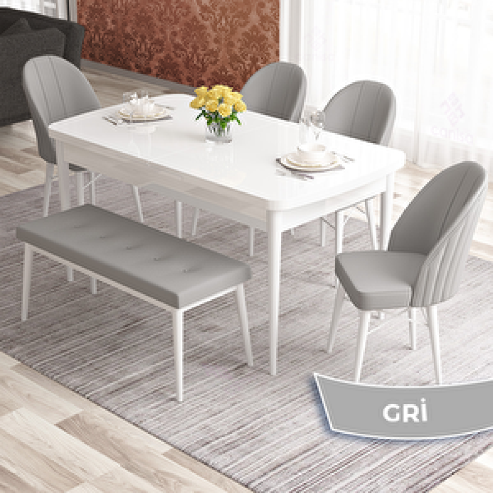 Canisa Elf Serisi 80x132 Açılabilir Beyaz Masa Takımı 4 Gri Sandalye Ve 1 Bench Gri Yemek & Mutfak Masası Fiyatı