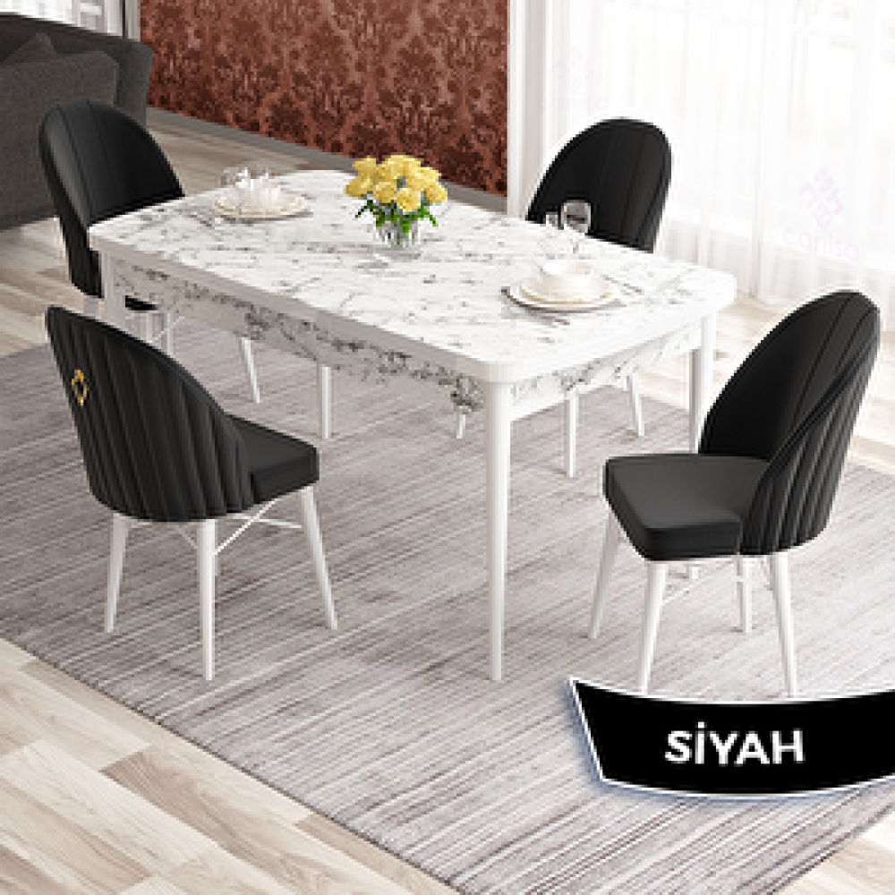 Canisa Elf Serisi 80x132 Açılabilir Beyaz Mermer Desen Masa Takımı Ve 4 Siyah Sandalye Siyah Yemek & Mutfak Masası Fiyatı