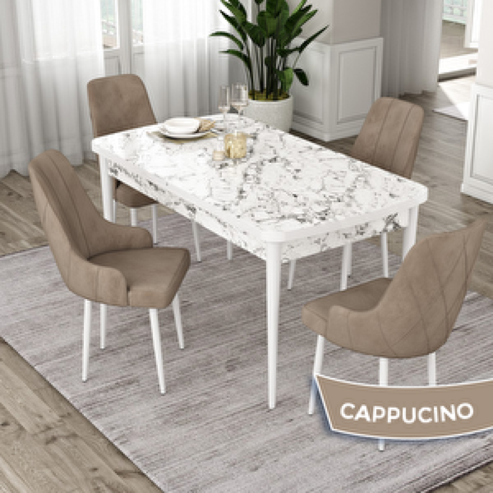 Canisa Eta Serisi 80x132 Açılabilir Mdf Beyaz Mermer Desen Masa Takımı Ve 4 Cappucino Sandalye Cappucino Yemek & Mutfak Masası Fiyatı