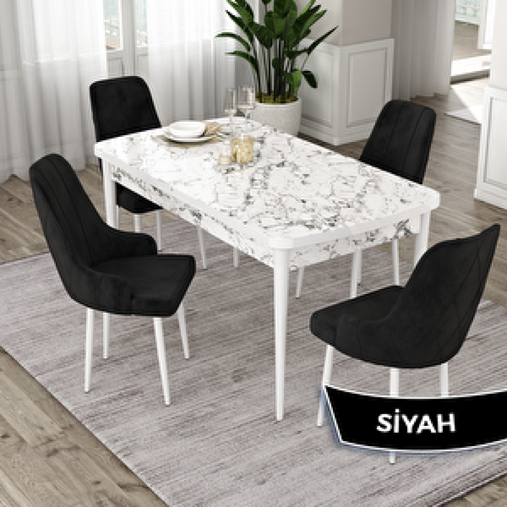 Canisa Eta Serisi 80x132 Açılabilir Mdf Beyaz Mermer Desen Masa Takımı Ve 4 Siyah Sandalye Siyah Yemek & Mutfak Masası Fiyatı