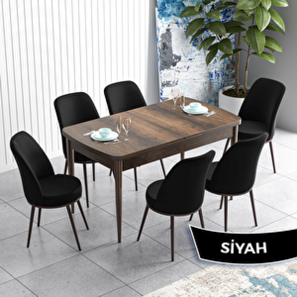 Canisa Han Serisi 70x114 Açılabilir Mdf Barok Ahşap Desen Masa Takımı Ve 6 Siyah Sandalye Siyah Yemek & Mutfak Masası Fiyatı