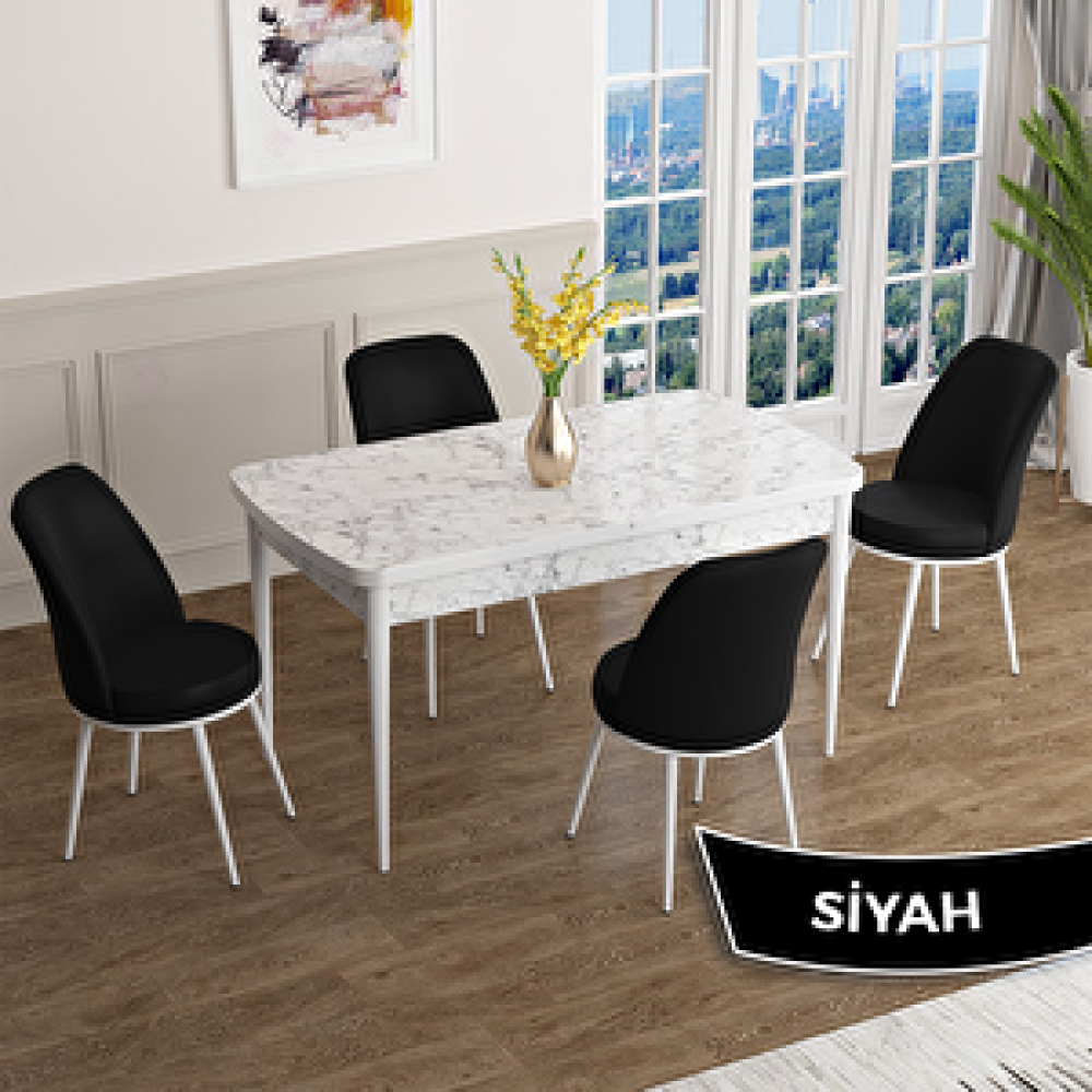 Canisa Han Serisi 70x114 Açılabilir Mdf Beyaz Mermer Desen Masa Takımı Ve 4 Siyah Sandalye Siyah Yemek & Mutfak Masası Fiyatı