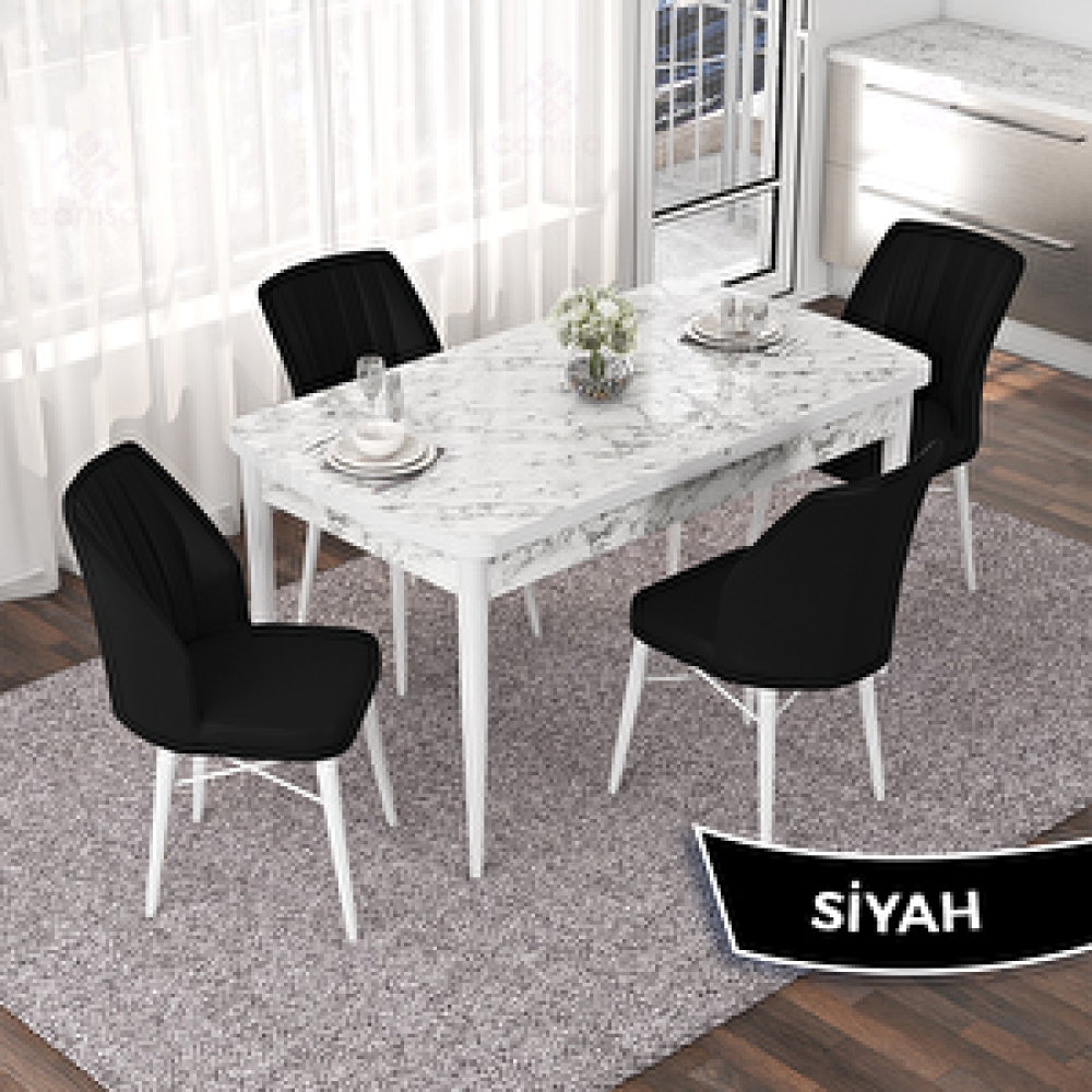 Canisa Nef Serisi 70x114 Açılabilir Mdf Beyaz Mermer Desen Masa Takımı Ve 4 Siyah Sandalye Siyah Yemek & Mutfak Masası Fiyatı