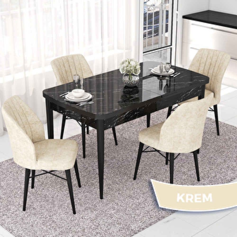 Canisa Nef Serisi 70x114 Açılabilir Mdf Siyah Mermer Desen Masa Takımı Ve 4 Krem Sandalye Krem Yemek & Mutfak Masası Fiyatı