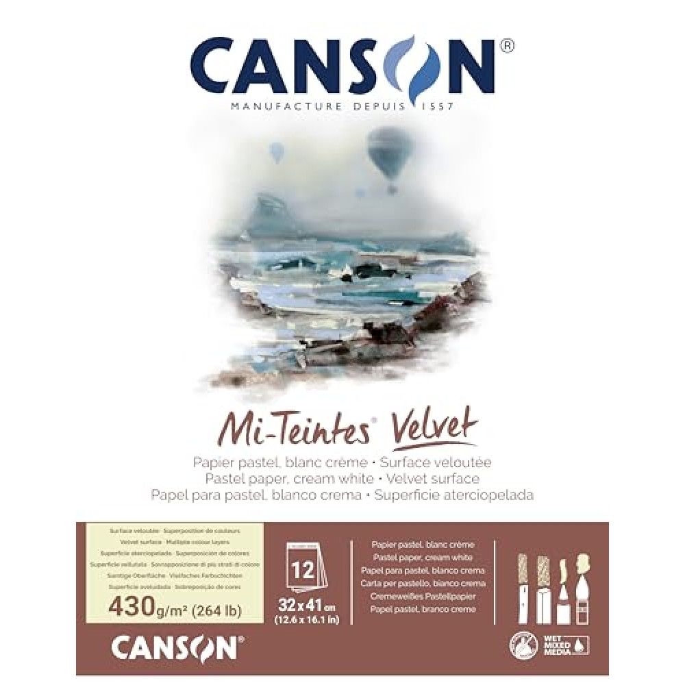 Canson Mi-Teintes Velvet Drawing Paper Pad, Cream White, Glue Binding, (260lb/430g), 12 Sheet, 12.6x16.1 inch, 1 Count