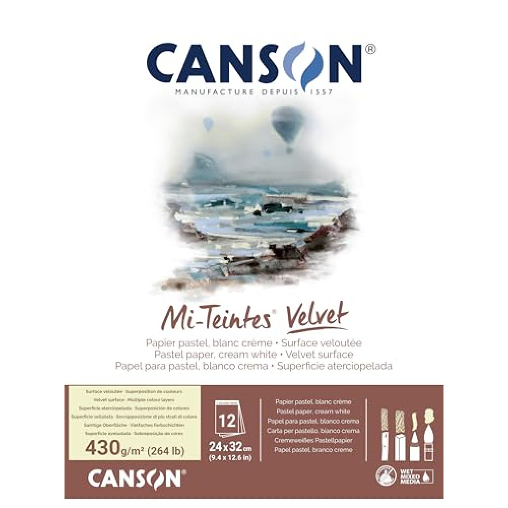 Canson Mi-Teintes Velvet Drawing Paper Pad, Cream White, Glue Binding, (260lb/430g), 12 Sheet, 9.4x12.6 inch, 1 Count