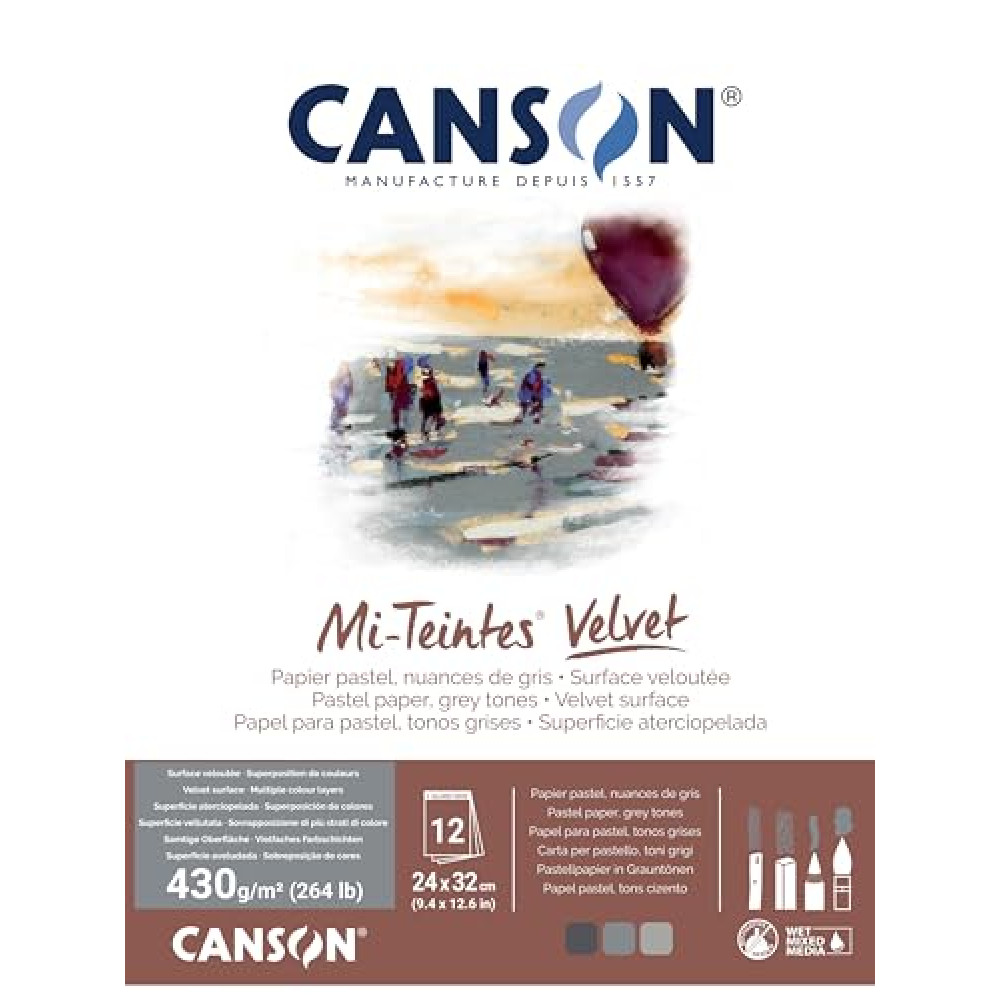 Canson Mi-Teintes Velvet Drawing Paper Pad, Grey Tones, Assorted Colors, Glue Binding, (260lb/430g), 12 Sheet, 9.4x12.6 inch, 1 Count