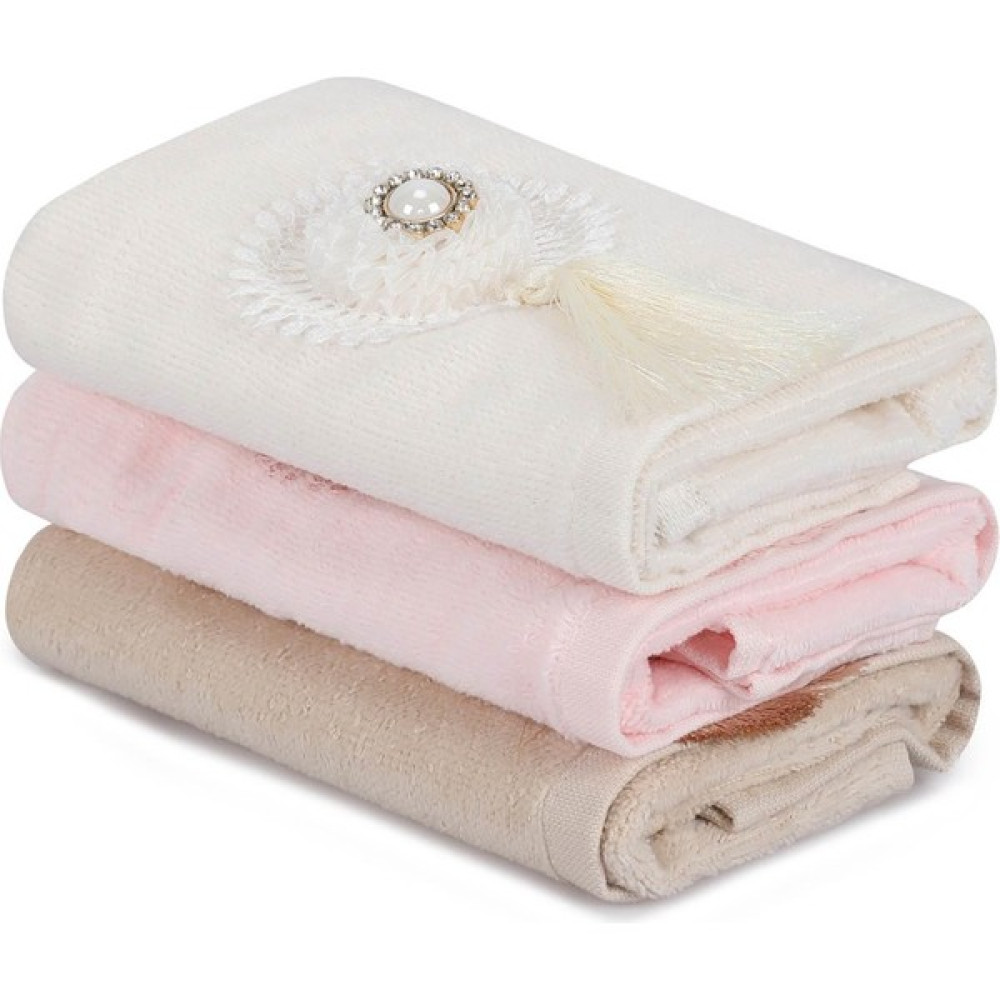 Çapa Home Kadife Pamuklu Havlu Set Püsküllü Işlemeli (Kremcapipudra) 30 x 50 cm 3'lü - Renkli El / Yüz Havlusu Fiyatı