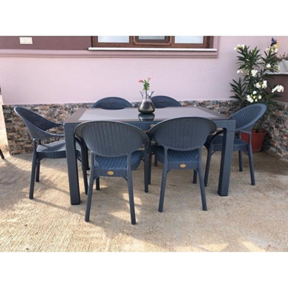 Capissi Rattan Camlı Masa Takımı 90X150 Ölçü Masa + 6 Adet Bambu Rattan Koltuk - Antrasit Bahçe Mobilyası Takımı Fiyatı
