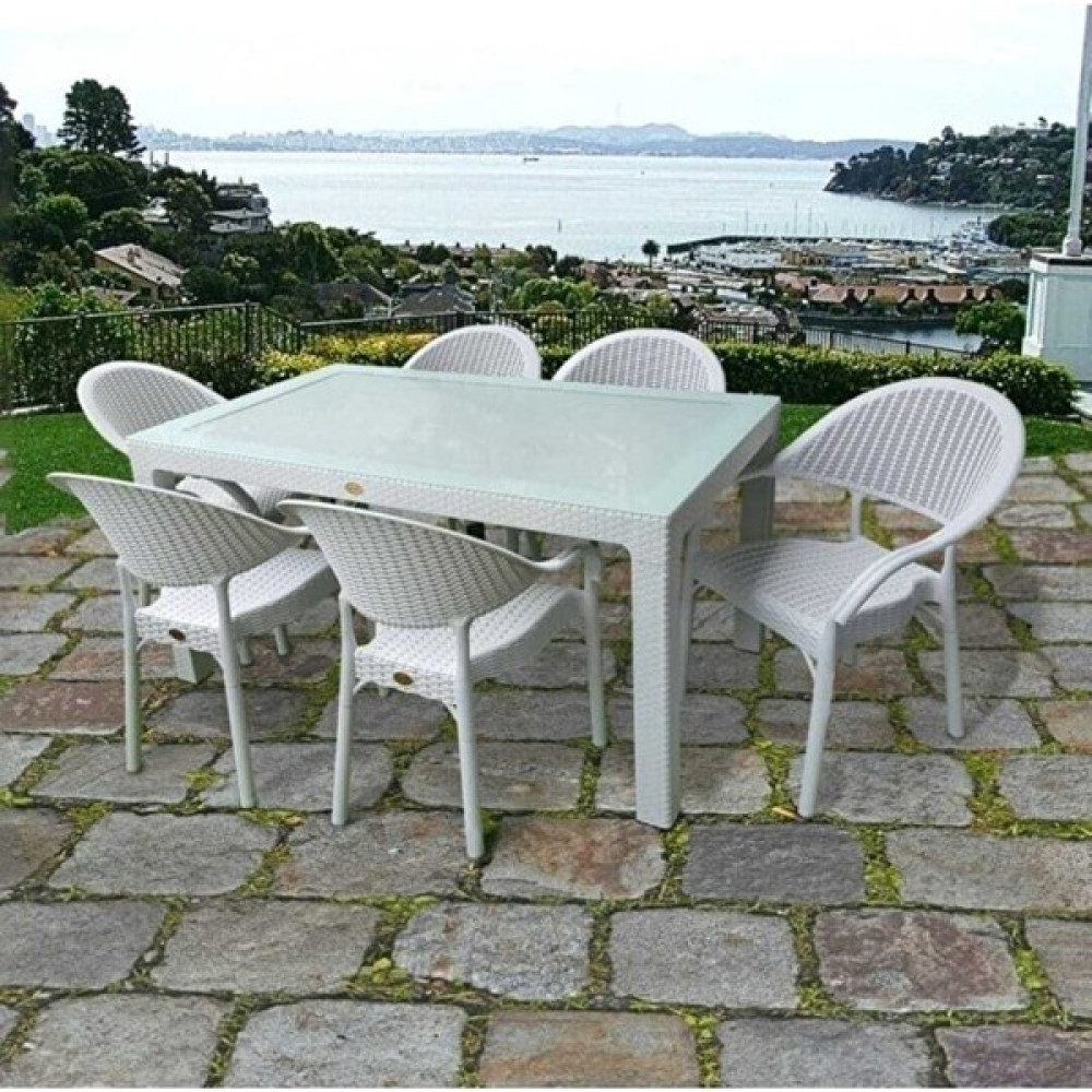 Capissi Rattan Camlı Masa Takımı 90X150 Ölçü Masa + 6 Adet Bambu Rattan Koltuk - Beyaz Bahçe Mobilyası Takımı Fiyatı