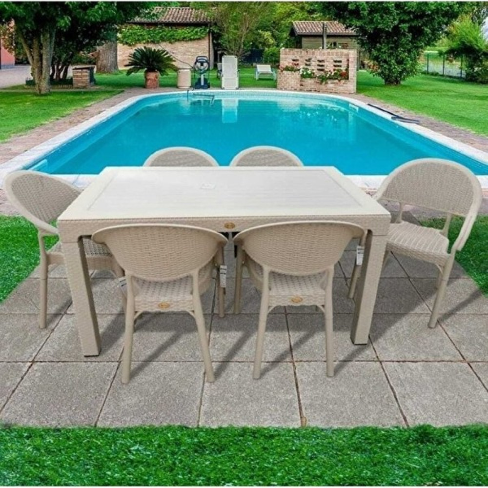 Capissi Rattan Camlı Masa Takımı 90X150 Ölçü Masa + 6 Adet Bambu Rattan Koltuk - Cappuccino Bahçe Mobilyası Takımı Fiyatı