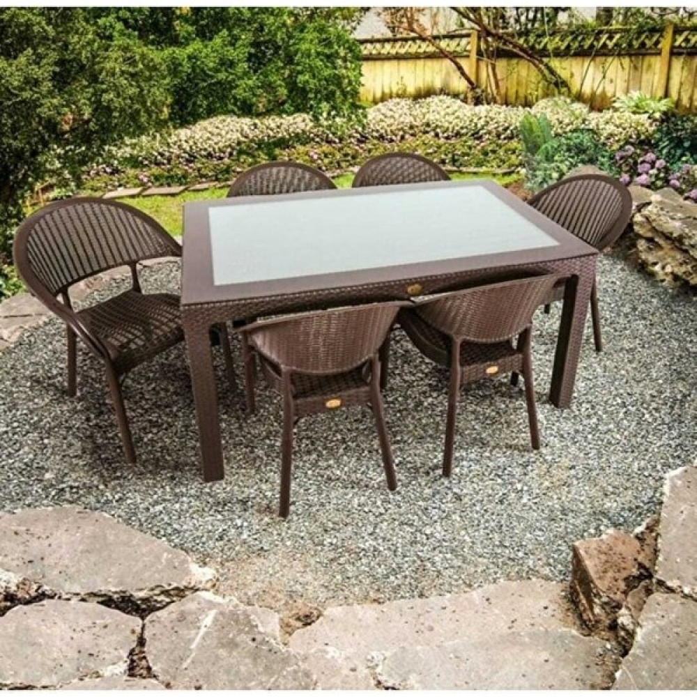 Capissi Rattan Camlı Masa Takımı 90X150 Ölçü Masa + 6 Adet Bambu Rattan Koltuk - Koyu Kahverengi Bahçe Mobilyası Takımı Fiyatı
