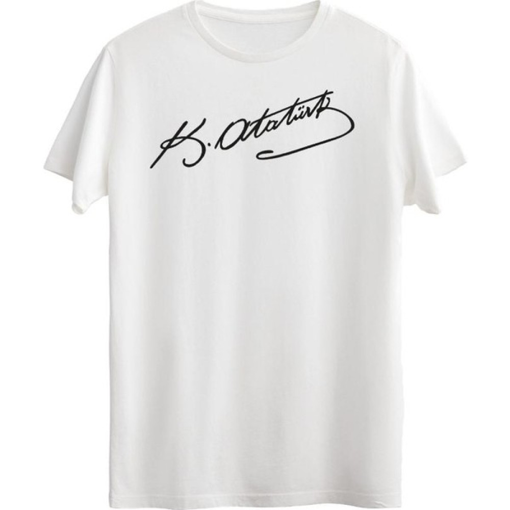 Çapıt %100 Pamuklu Siyah Atatürk Imza Baskılı Beyaz Kısa Kollu Tişört Erkek T-shirt Fiyatı