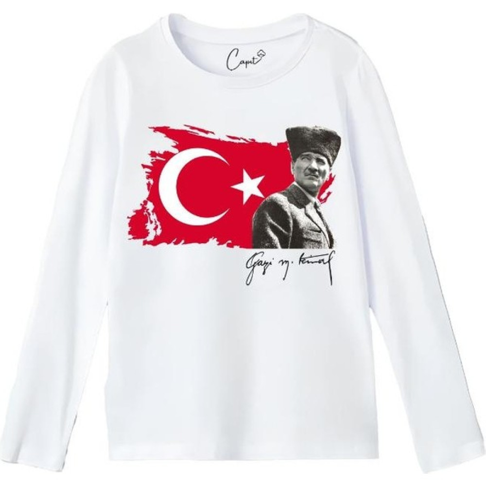 Çapıt Pamuk Standart Kesim Sıfır Yaka Uzun Kollu Ay-Yıldız Gazi M.kemal Atatürk Baskılı 10 Kasım Çocuk Tişörtü Erkek T-shirt Fiyatı