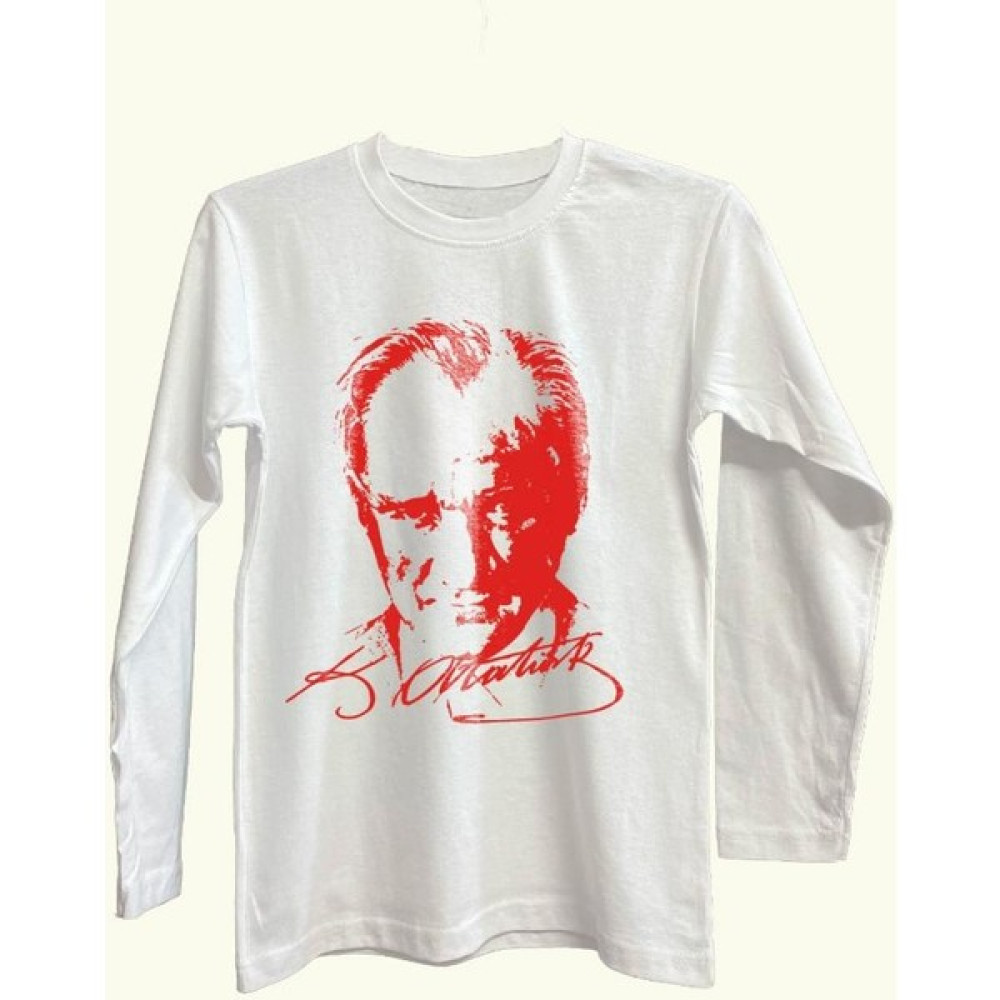 Çapıt Pamuk Standart Kesim Sıfır Yaka Uzun Kollu Kırmızı Atatürk Baskılı Beyaz 23 Nisan Çocuk Tişört Erkek T-shirt Fiyatı