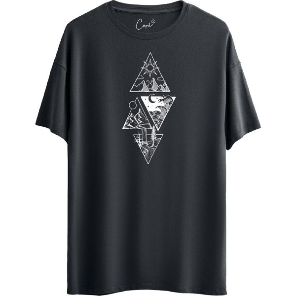 Çapıt Pamuklu 4 Triangle Nature Baskılı Haki Oversize Tişört Erkek T-shirt Fiyatı
