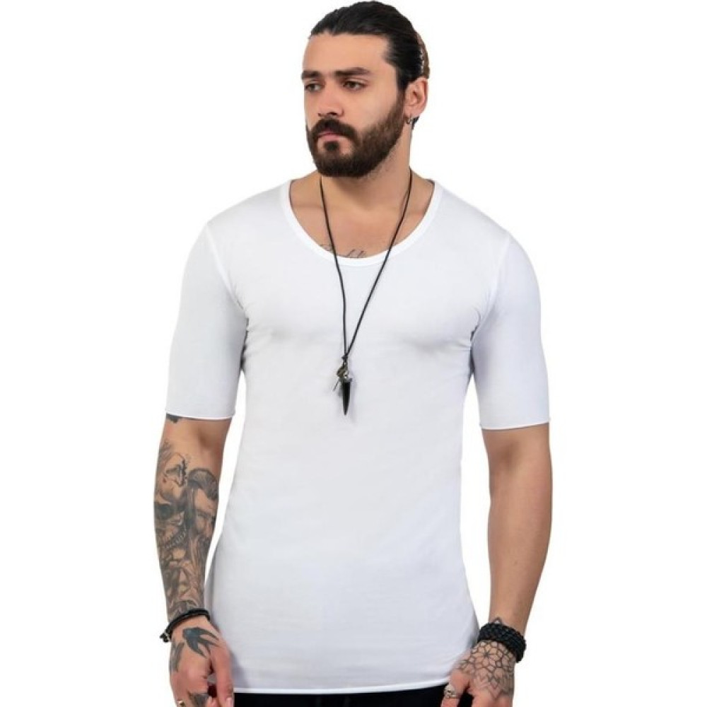 Capotrio Erkek Bohem Kısa Kol Uzun T-Shirt Beyaz Erkek T-shirt Fiyatı