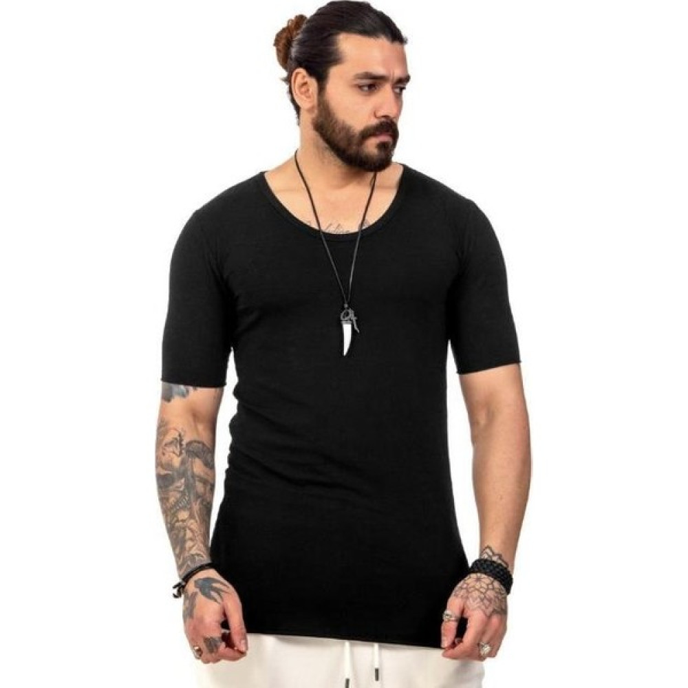 Capotrio Erkek Bohem Kısa Kol Uzun T-Shirt Siyah Erkek T-shirt Fiyatı