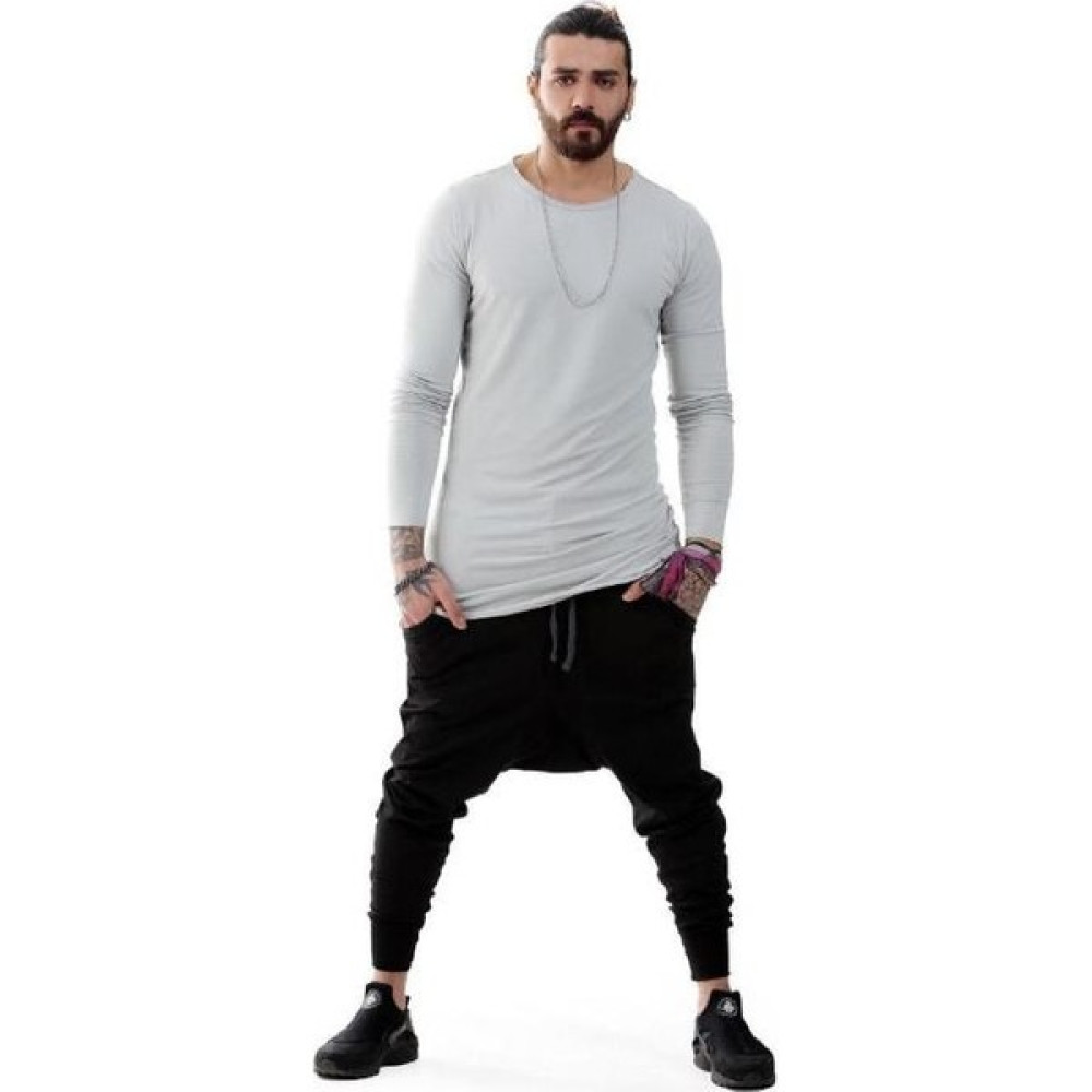 Capotrio Erkek Bohem Uzun Kol Uzun T-Shirt Gri Erkek T-shirt Fiyatı