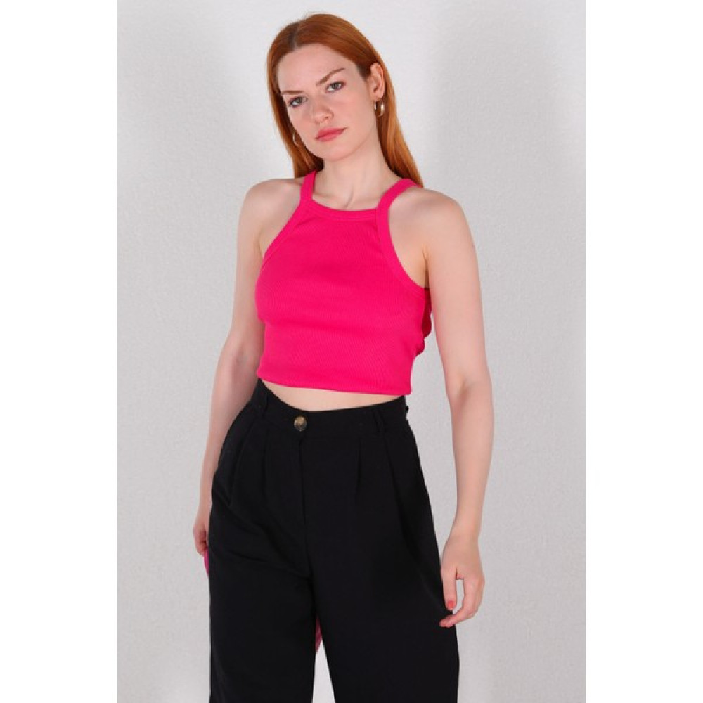 Capp Moda BLZ-06219 Fuşya Kaşkorse Kumaş Askılı Crop Bluz Bluz Fiyatı
