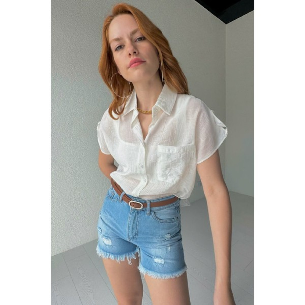 Capp Moda GML-10230 Beyaz Yarasa Kol Cepli Salaş Crop Gömlek Kadın Gömlek Fiyatı