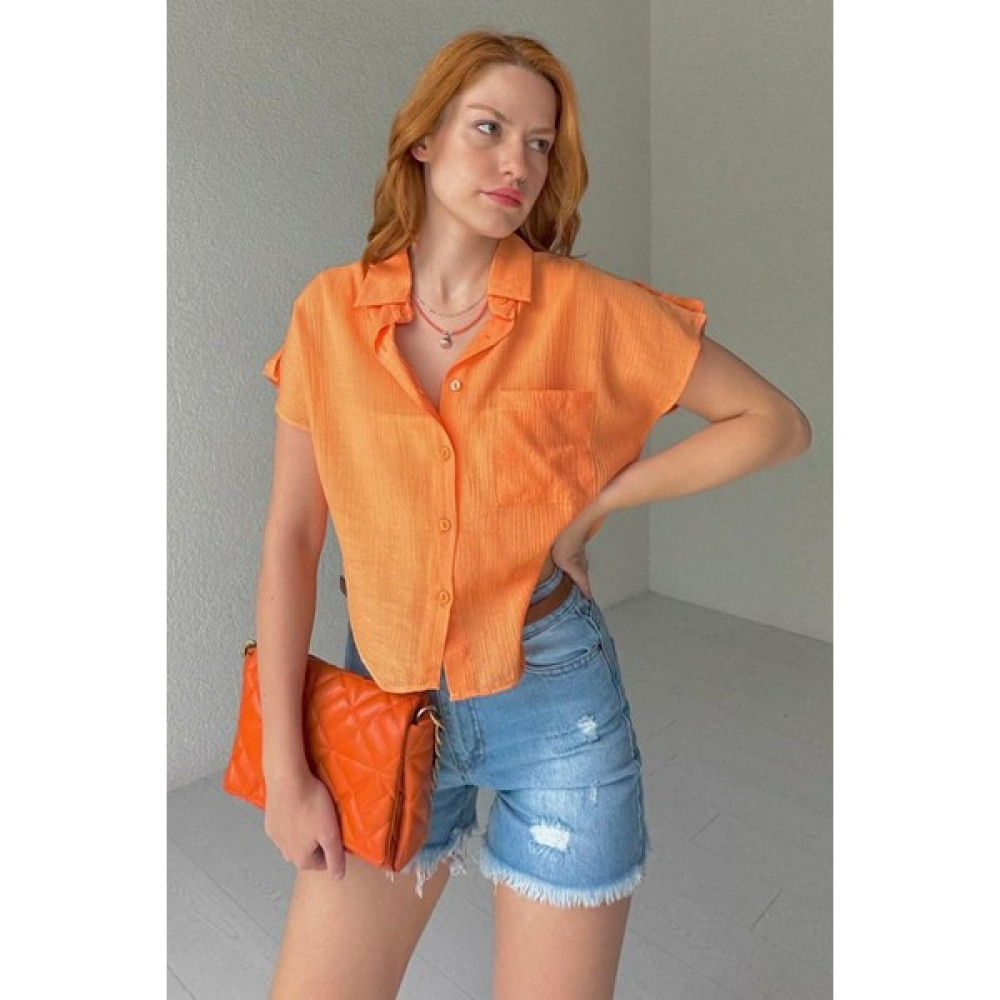Capp Moda GML-10230 Turuncu Yarasa Kol Cepli Salaş Crop Gömlek Kadın Gömlek Fiyatı