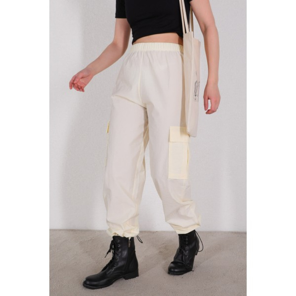 Capp Moda PNT-07327 Ekru Paça Lastikli Kargo Cepli Paraşüt Pantolon Kadın Pantolon Fiyatı