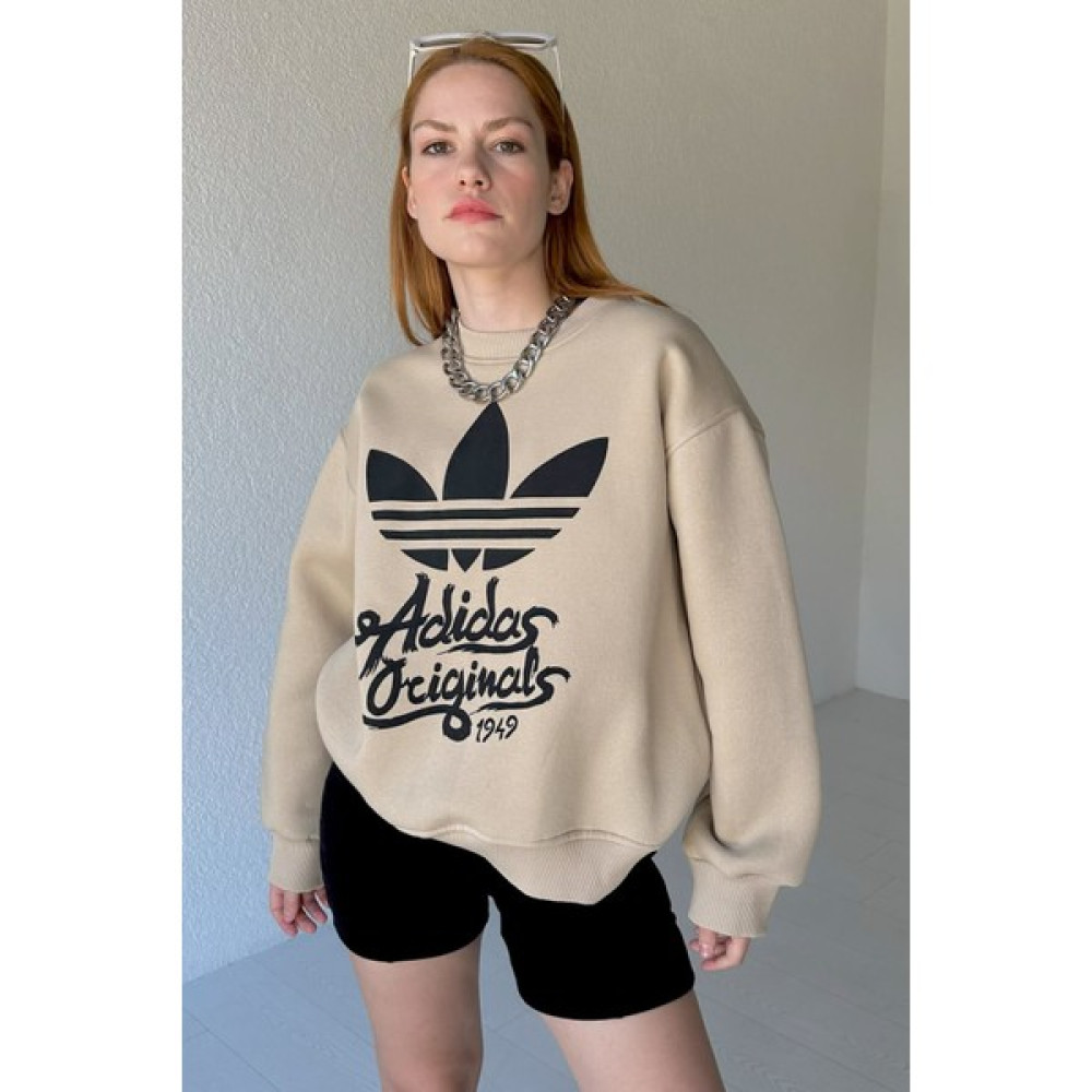 Capp Moda SWT-14206 Bej Adidas Baskılı Üç Iplik Şardonlu Sweat Bayan Sweatshirt Fiyatı