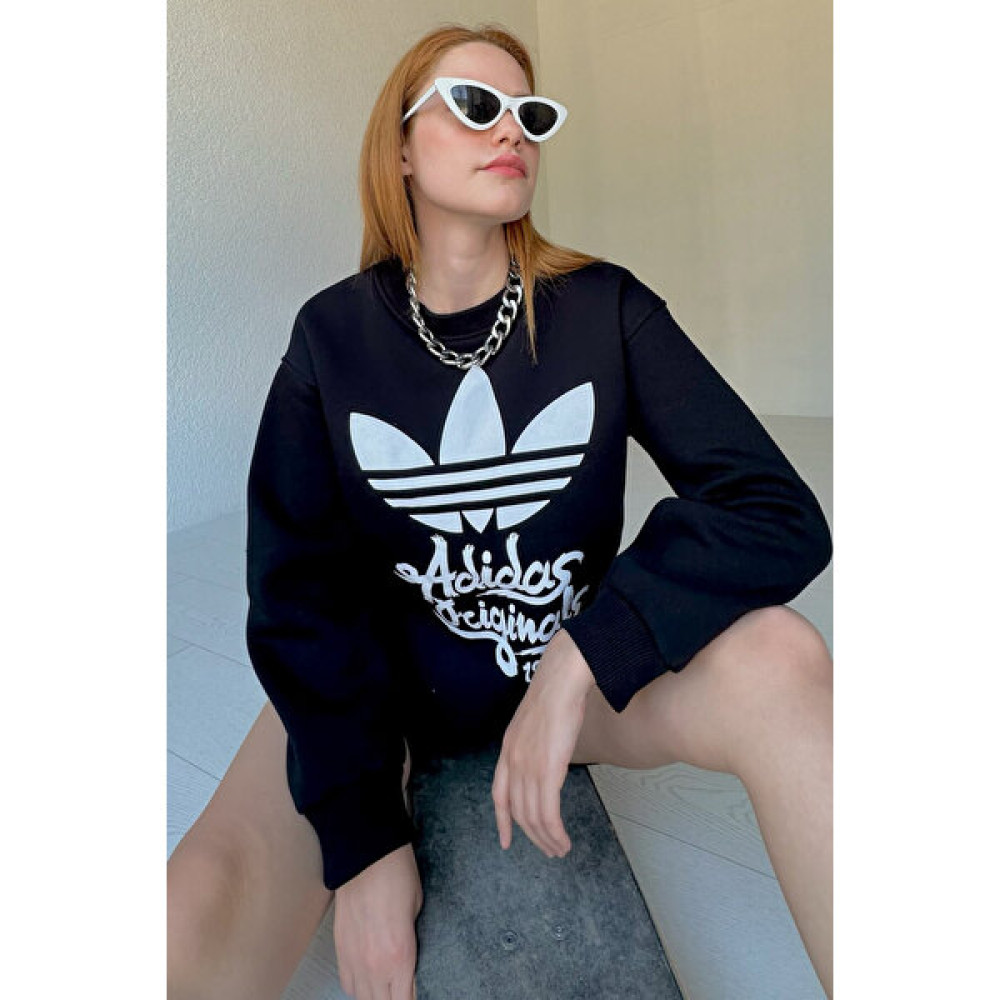 Capp Moda SWT-14206 Siyah Adidas Baskılı Üç Iplik Şardonlu Sweat Bayan Sweatshirt Fiyatı