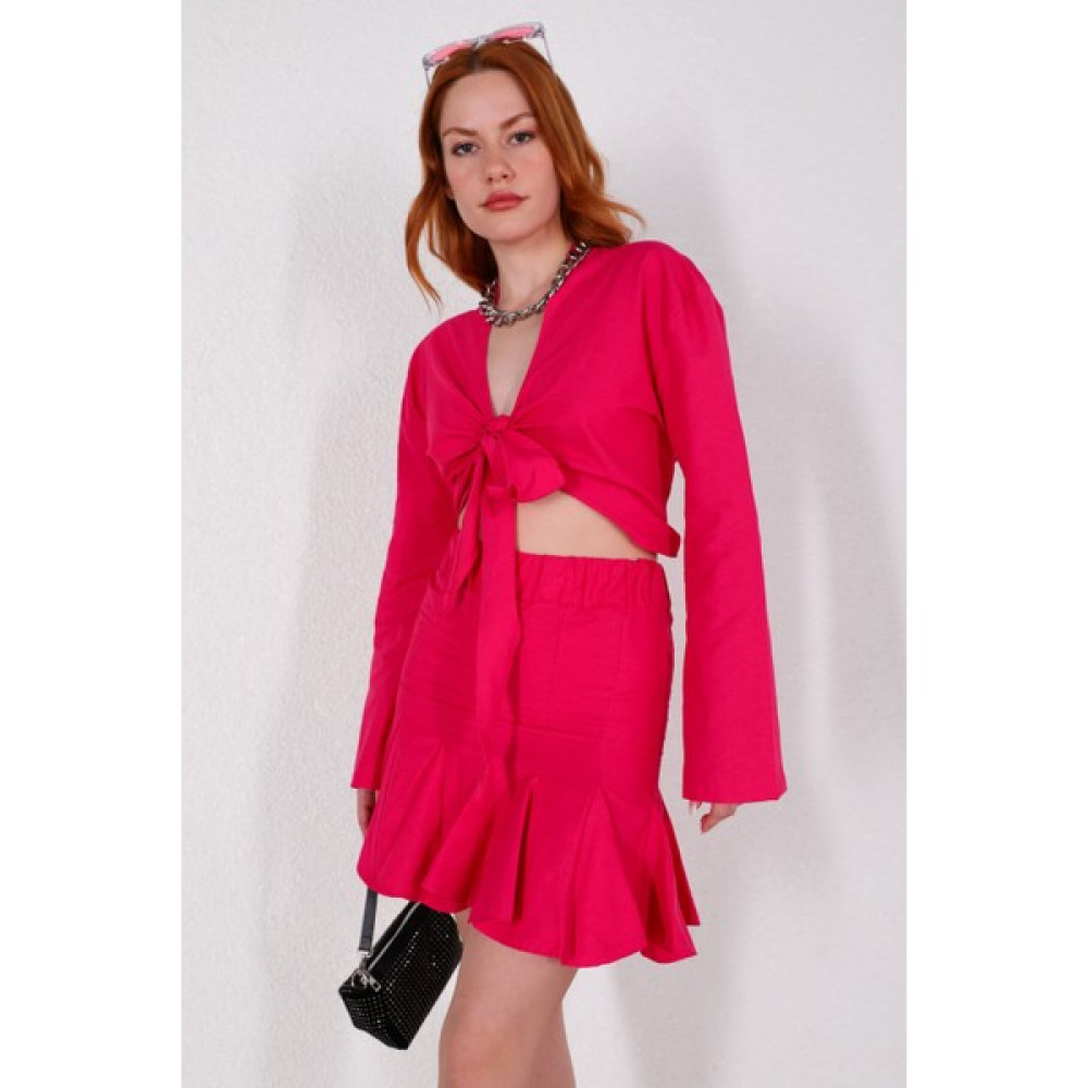 Capp Moda TKM-03415 Fuşya Bağlama Detay Bluz Pileli Etek Ikili Takım Kadın Eşofman Fiyatı