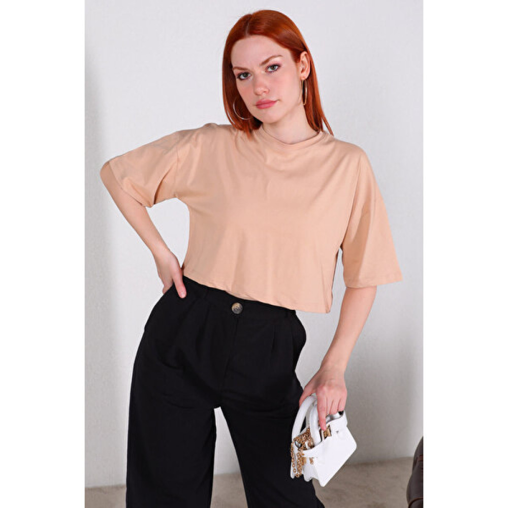 Capp Moda TSR-04286 Vizon Yarasa Kol Crop Basic Tişört Bayan T-shirt Fiyatı