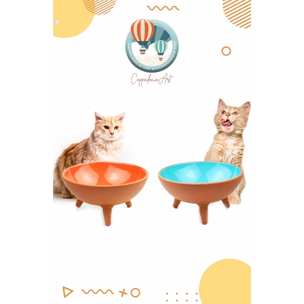 Cappadocia Pottery 2'li Ayaklı Kedi Köpek Çömlek Mama ve Su Kabı (Içi Sırlı, Organik) - Mavi Evcil Hayvan Ürünleri Fiyatı