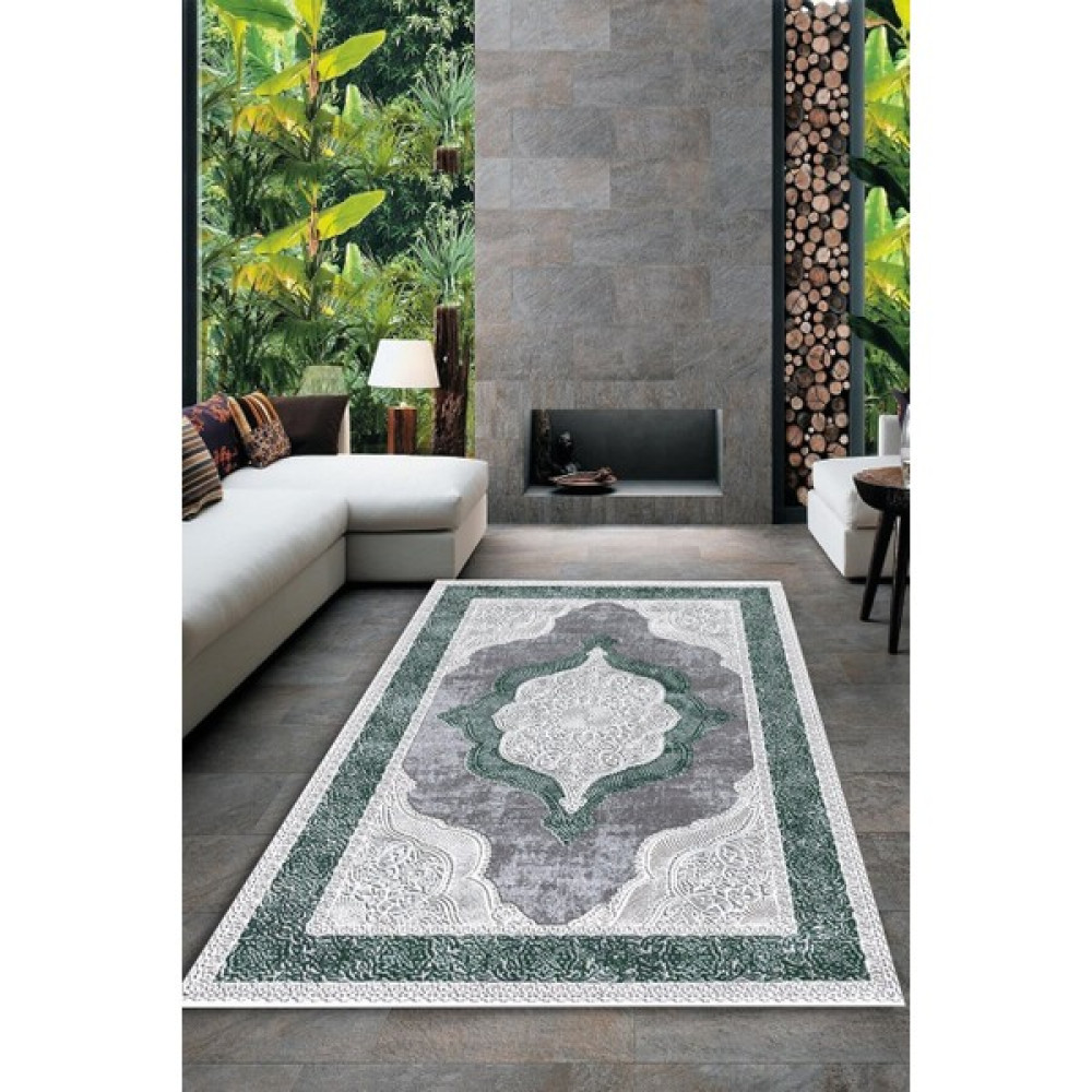 Cappio Halı Cappio Krem-Yeşil Göbekli Gri Zeminli Halı - 100 x 100 cm - Krem Salon Halısı Fiyatı