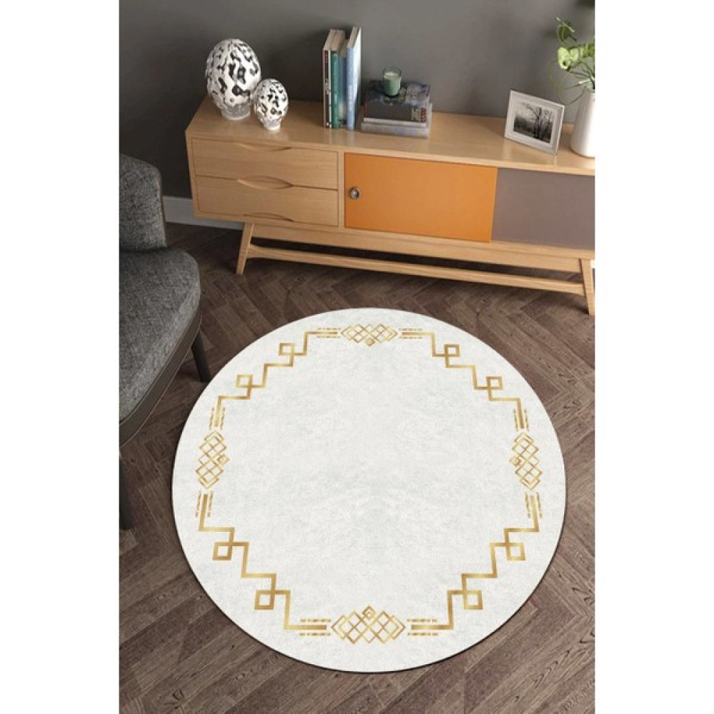 Cappio Halı Gold Çerçevesi Motifli Beyaz Yuvarlak Halı (Makinede Yıkanabilir) - Renkli - 100 x 100 cm Salon Halısı Fiyatı