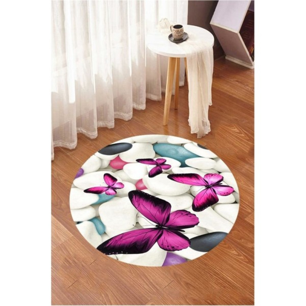 Cappio Halı Renkli Kelebek ve Taş Desenli Yuvarlak Halı (Makinede Yıkanabilir) - 100 x 100 cm Salon Halısı Fiyatı