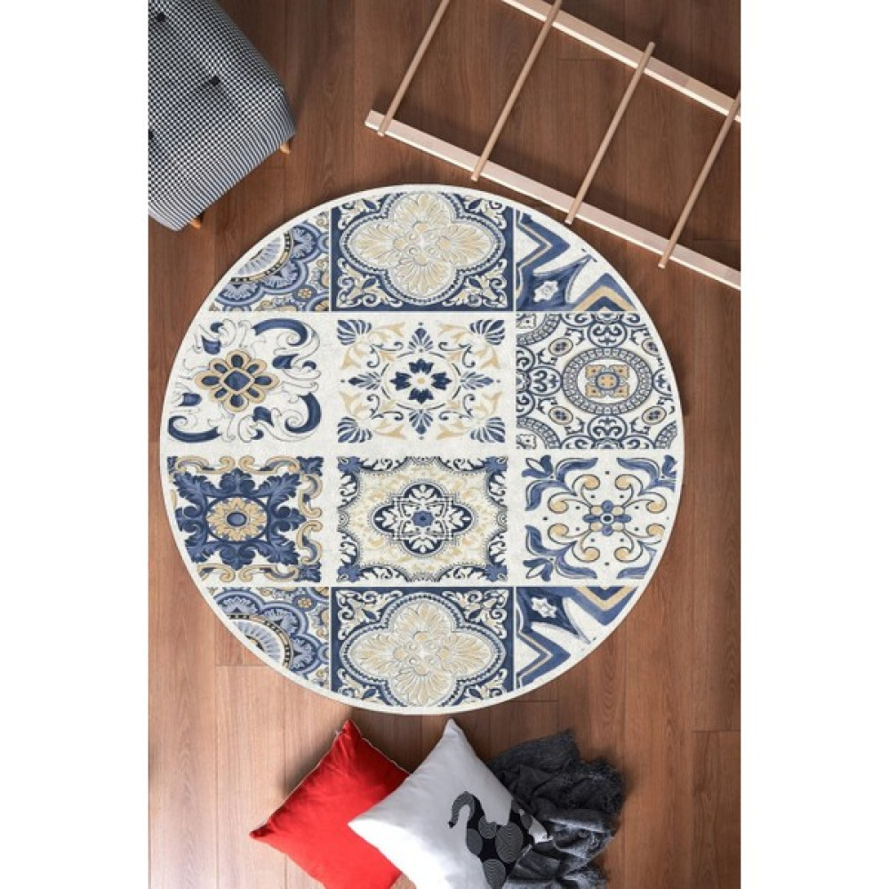 Cappio Halı Simetrik Kare Desenli Dijital Baskılı Yuvarlak Halı (Makinede Yıkanabilir) - Renkli - 120 x 120 cm Salon Halısı Fiyatı