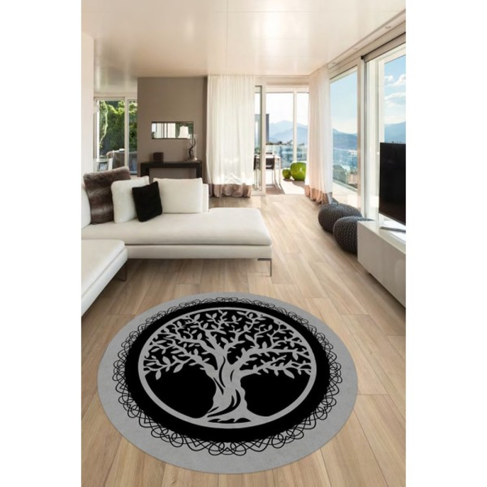 Cappio Halı Siyah-Beyaz Hayat Ağacı Desenli Yuvarlak Halı (Makinede Yıkanabilir) - Renkli - 180 x 180 cm Salon Halısı Fiyatı