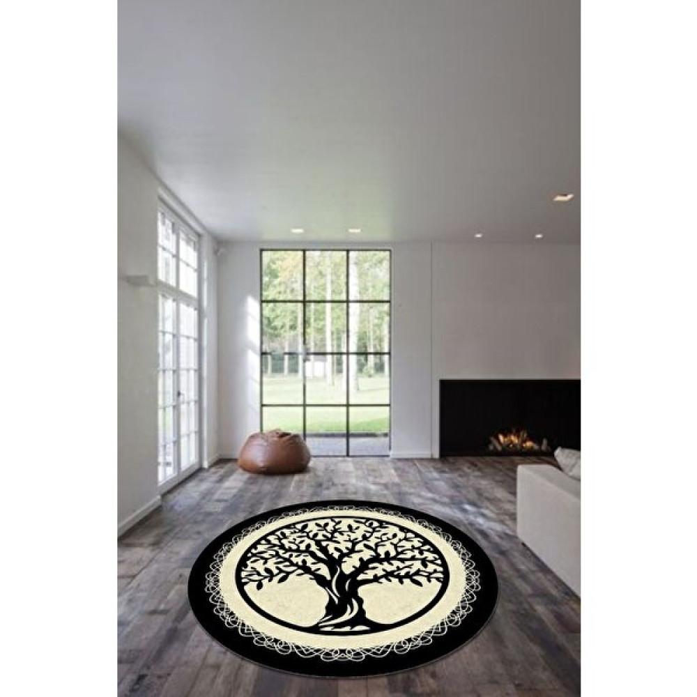 Cappio Halı Siyah-Krem Hayat Ağacı Desenli Yuvarlak Halı (Makinede Yıkanabilir) - Renkli - 140 x 140 cm Salon Halısı Fiyatı