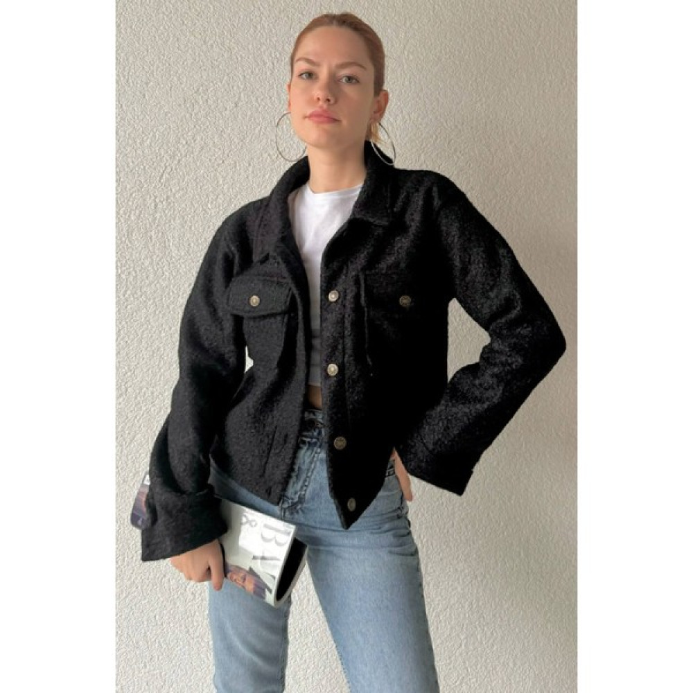 Cappmoda CKT-12416 Siyah Teddy Kumaş Cep Detaylı Düğmeli Ceket Bayan Mont Fiyatı