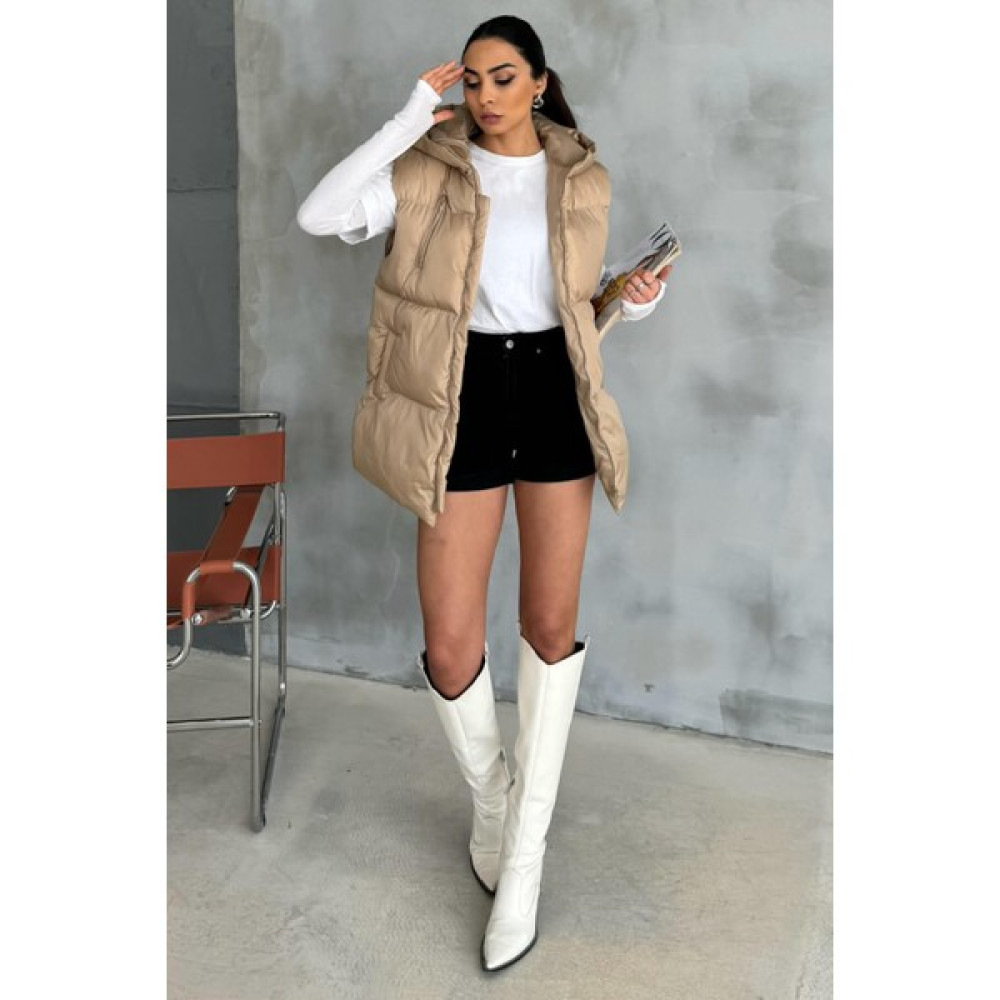 Cappmoda CKT-12421 Vizon Cep Detaylı Kapüşonlu Astarlı Şişme Yelek Kadın Yelek Fiyatı