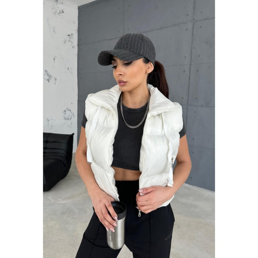 Cappmoda CKT-12423 Beyaz Dik Yaka Ipli Fermuarlı Cepli Şişme Yelek Kadın Yelek Fiyatı