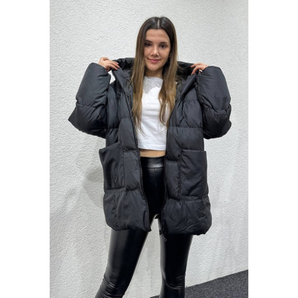 Cappmoda CKT-12426 Siyah Oversize Cepli Kapüşonlu Salaş Şişme Mont Bayan Mont Fiyatı