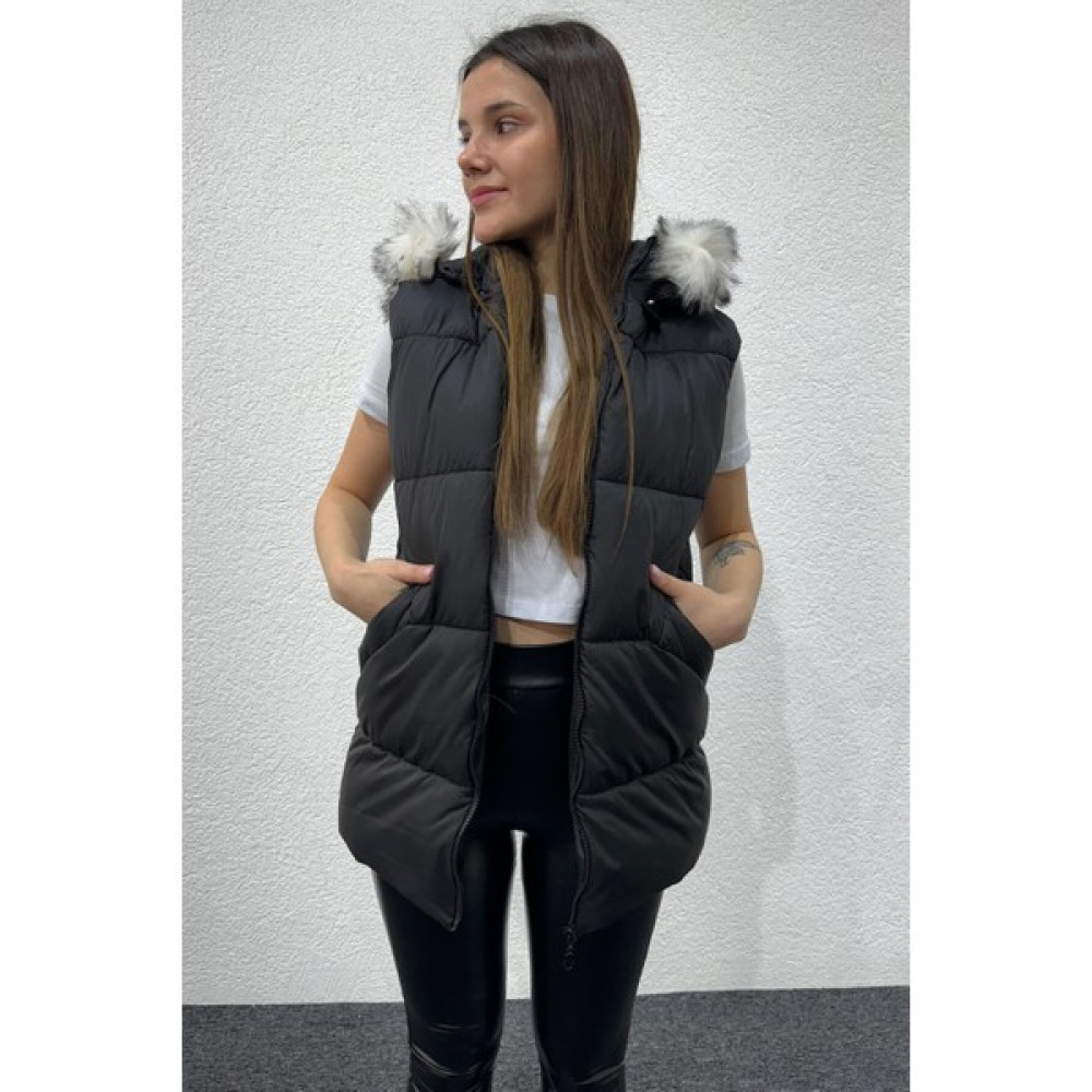 Cappmoda CKT-12427 Siyah Tüylü Kapüşonlu Uzun Fermuar Cepli Şişme Yelek Kadın Yelek Fiyatı