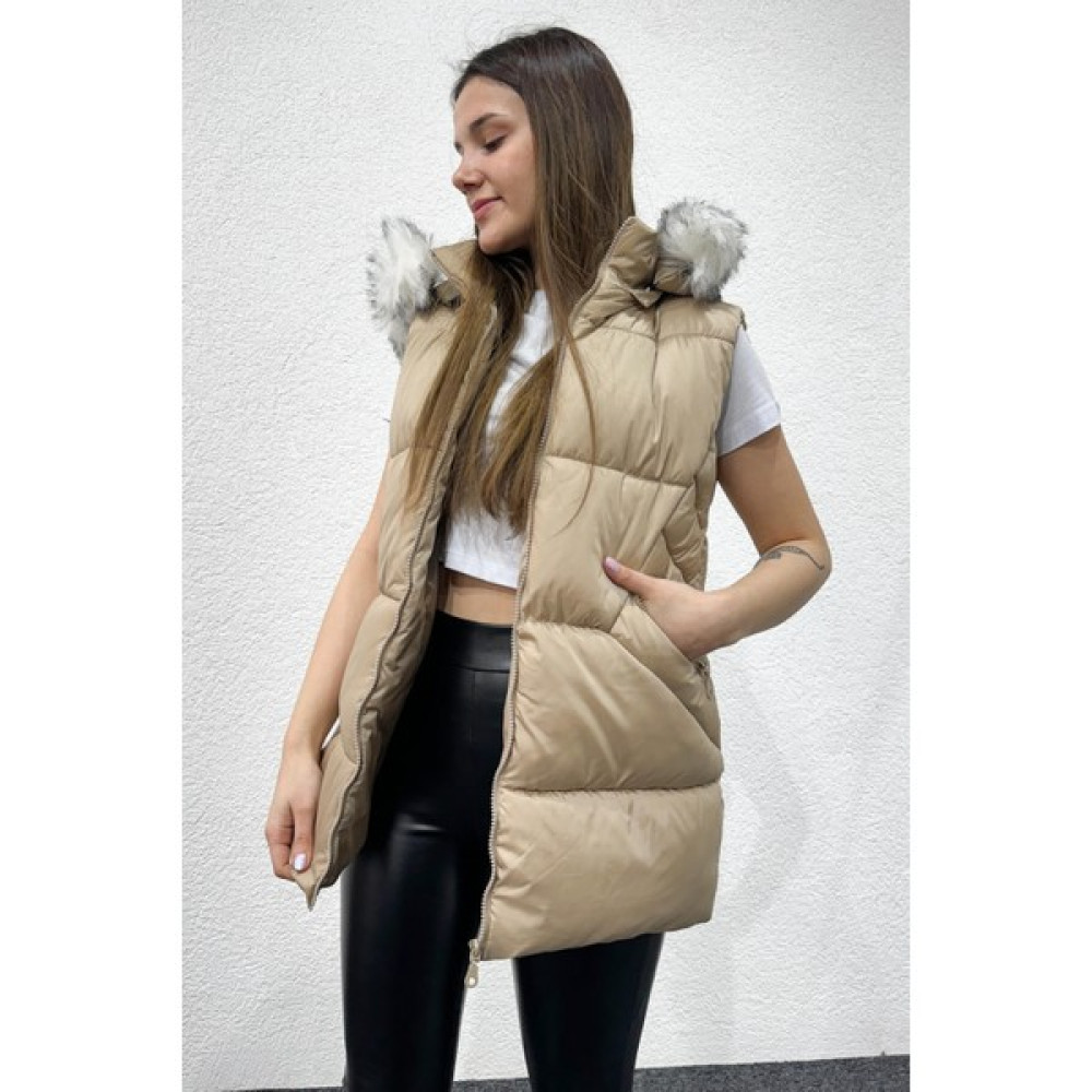 Cappmoda CKT-12427 Vizon Tüylü Kapüşonlu Uzun Fermuar Cepli Şişme Yelek Kadın Yelek Fiyatı