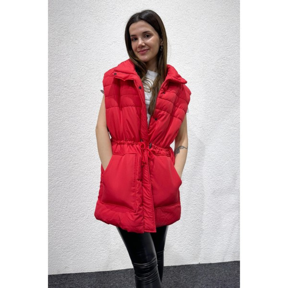Cappmoda CKT-12428 Pembe Bel Büzgülü Dik Yaka Cepli Şişme Yelek Kadın Yelek Fiyatı