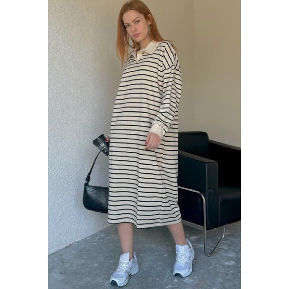 Cappmoda ELB-01709 Beyaz Siyah Çizgili Polo V Yaka Basic Iki Iplik Uzun Elbise Elbise Fiyatı